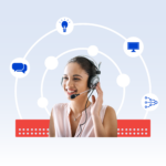 Call center agent smiling with a headset on